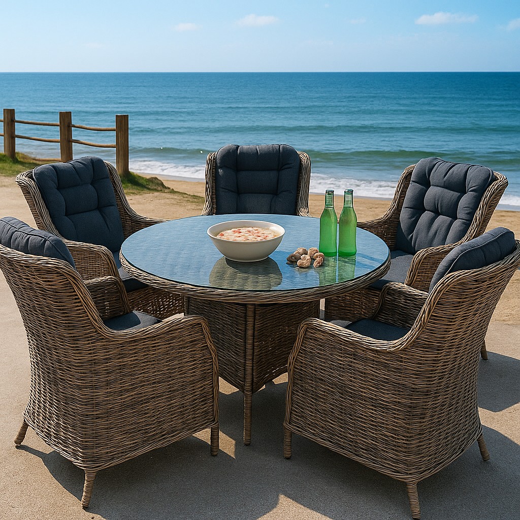 5-Piece Round Outdoor PE Rattan Wicker Dining Set with Glass Table and Cushions
