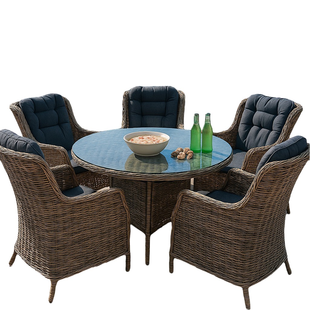 5-Piece Round Outdoor PE Rattan Wicker Dining Set with Glass Table and Cushions