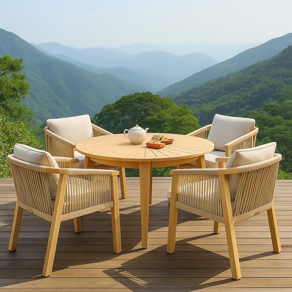 4-Piece Round Outdoor Solid Wood & Rope Dining Set with Cushions