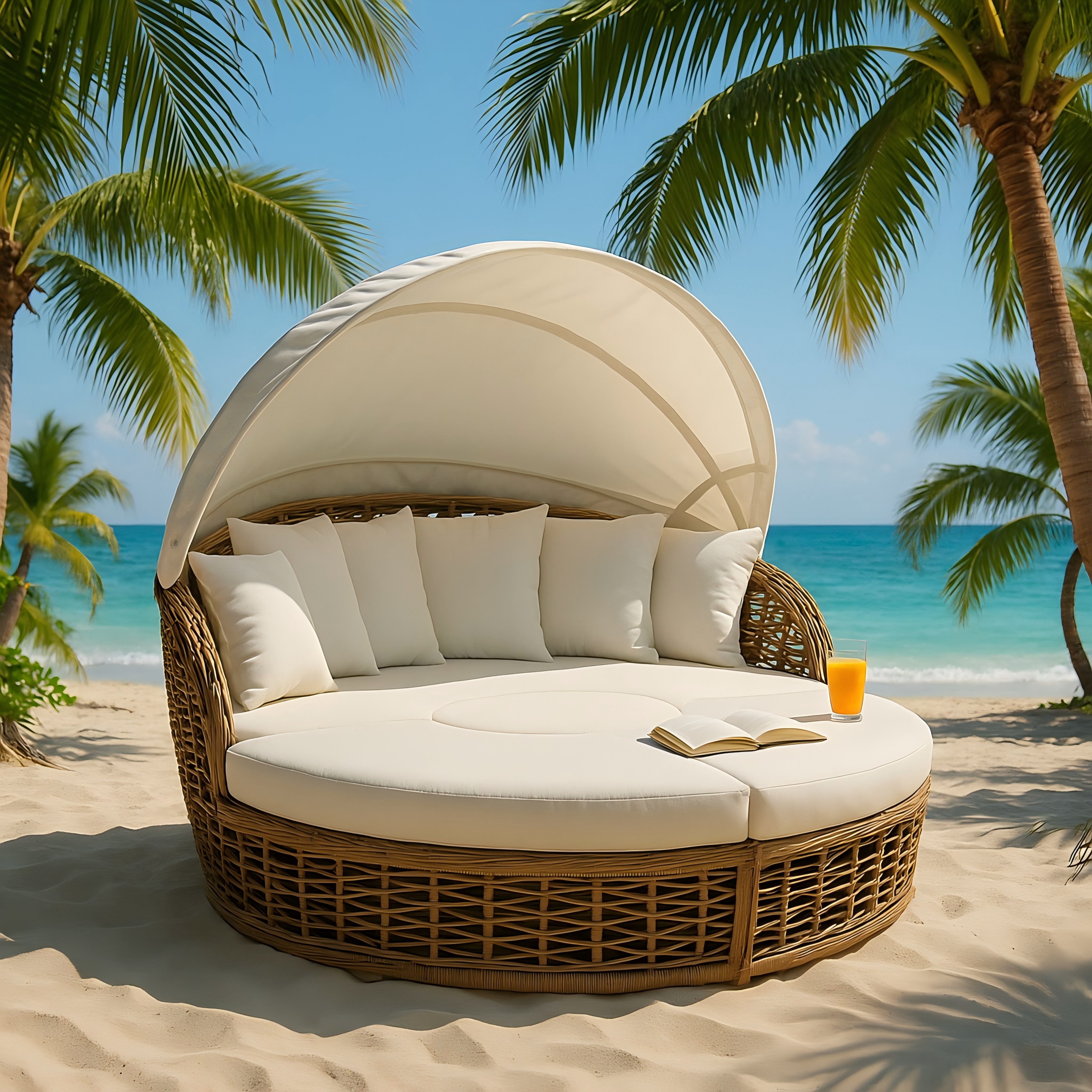 Outdoor Rattan Chaise Lounge with Canopy and Cushions