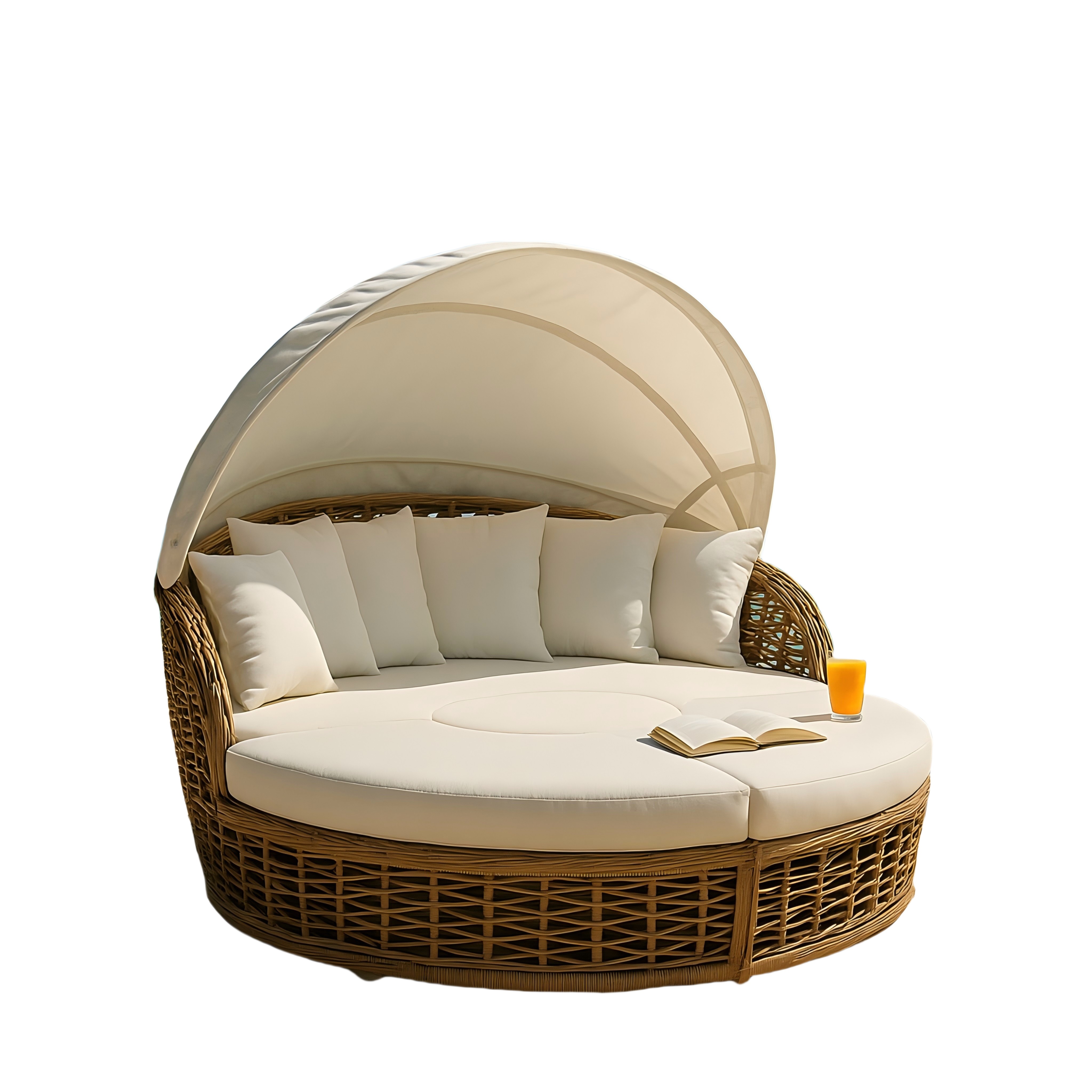 Outdoor Rattan Chaise Lounge with Canopy and Cushions