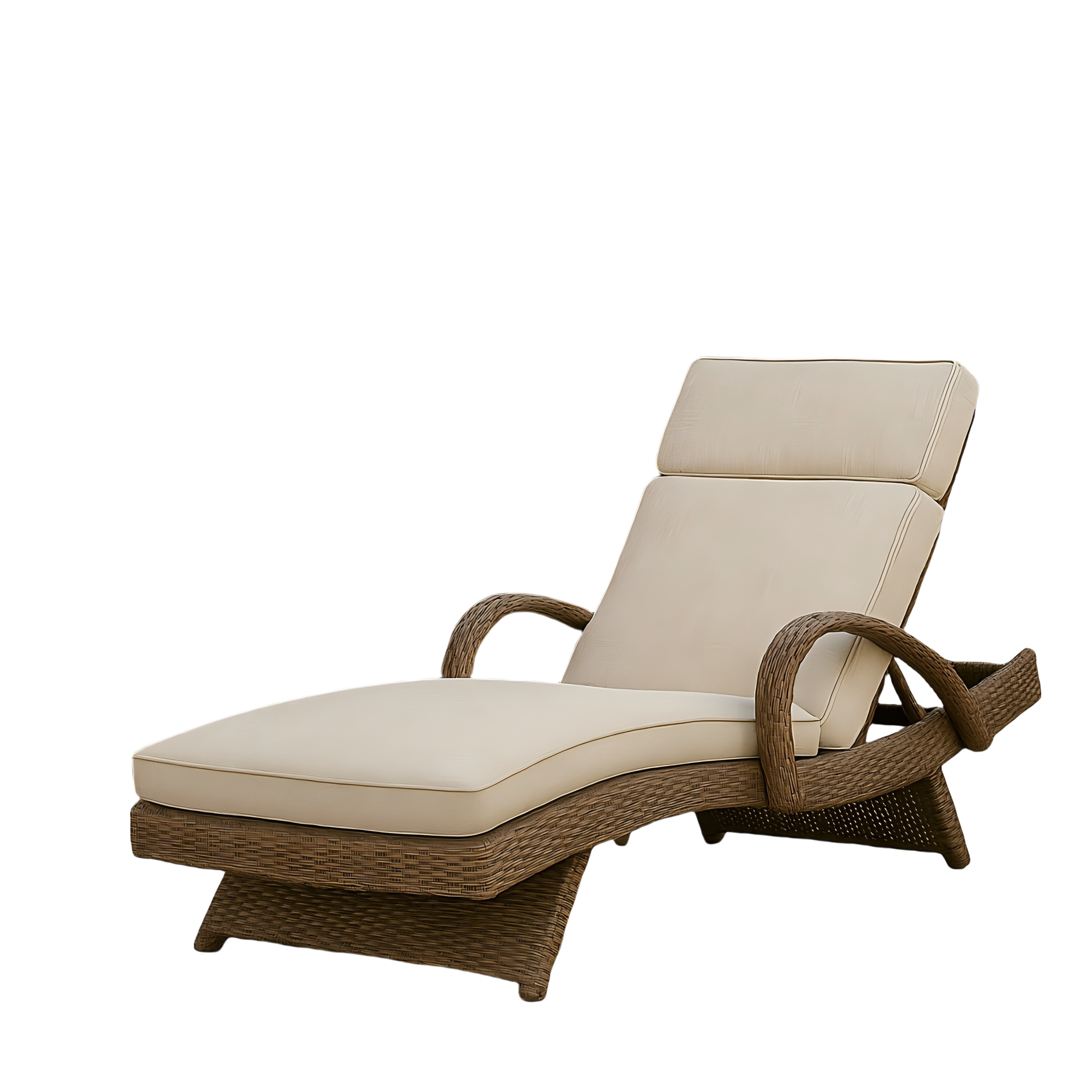 Curved Outdoor Rattan Chaise Lounge with Cushion and Armrests