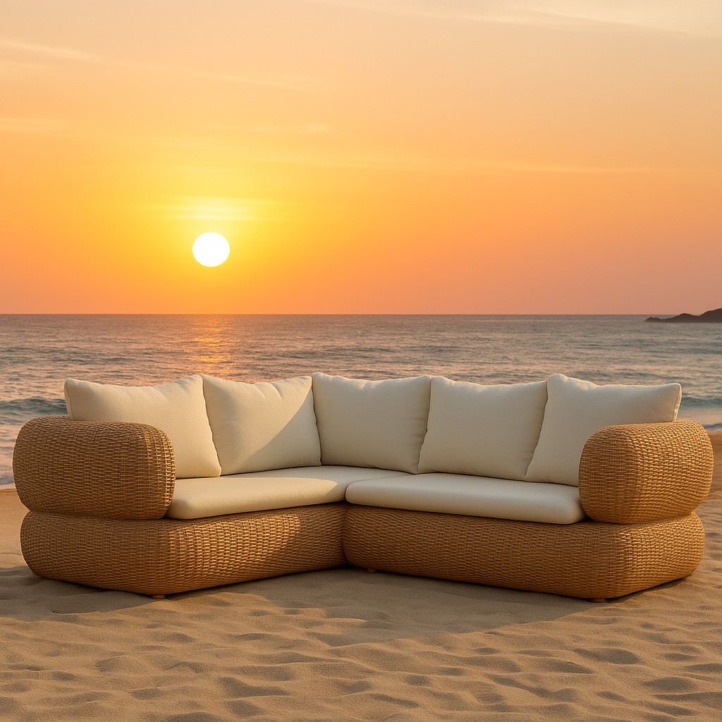 Modern Outdoor PE Rattan Sectional Sofa with Oversized Rounded Armrests, Beige Cushions, Contemporary Patio Furniture