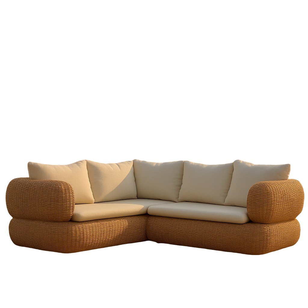 Modern Outdoor PE Rattan Sectional Sofa with Oversized Rounded Armrests, Beige Cushions, Contemporary Patio Furniture