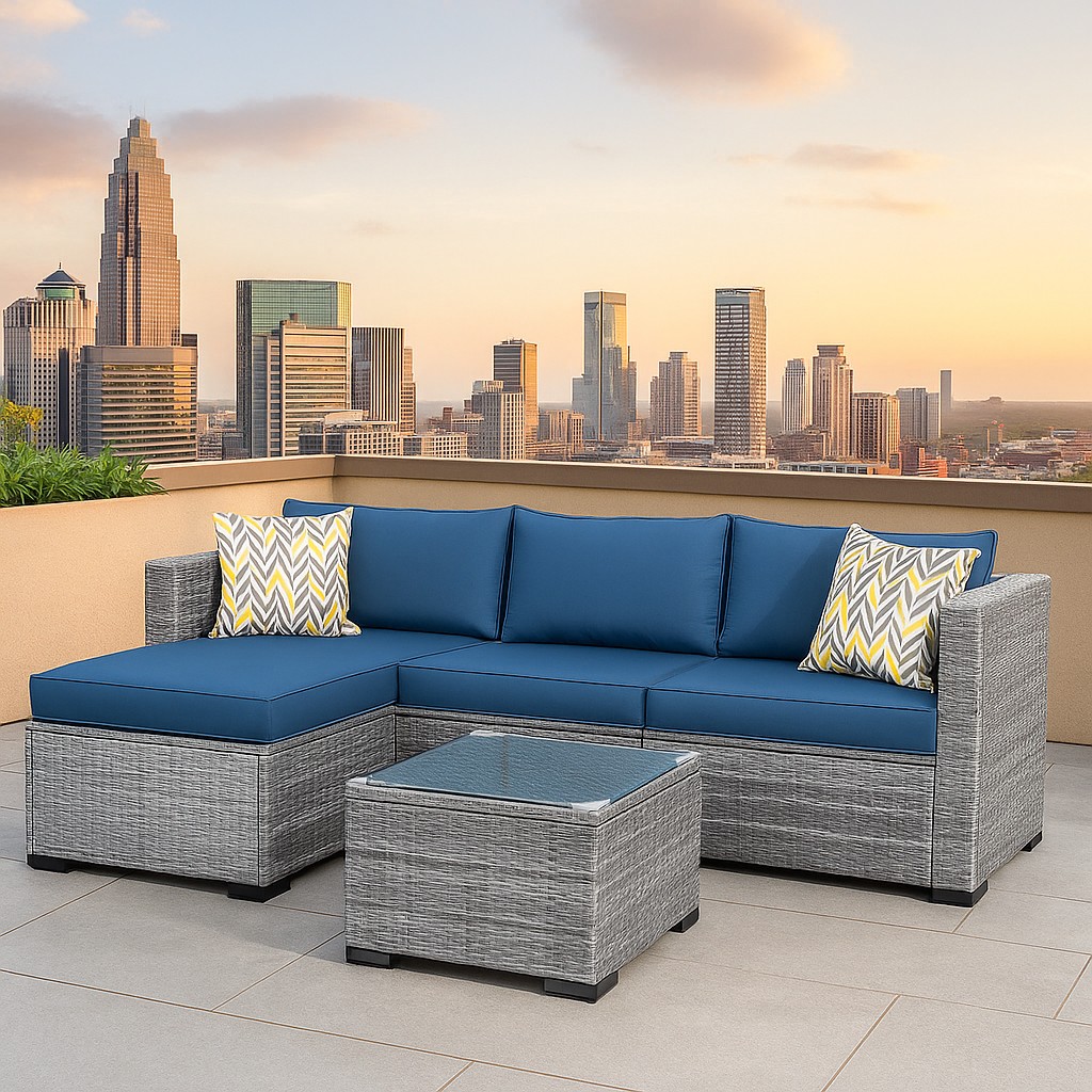 Modern Grey PE Rattan Outdoor Sectional Sofa Set with Blue Cushions, Glass Coffee Table & Chevron Pillows