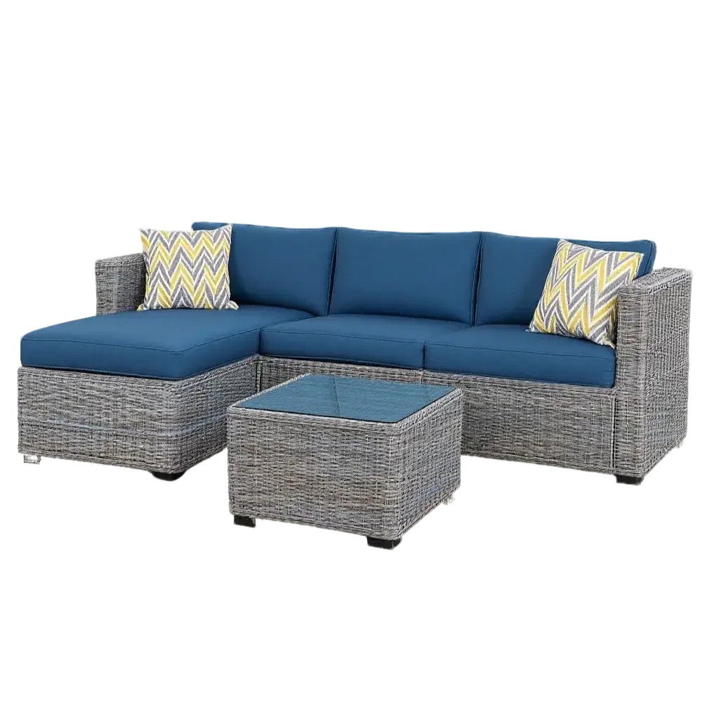 Modern Grey PE Rattan Outdoor Sectional Sofa Set with Blue Cushions, Glass Coffee Table & Chevron Pillows