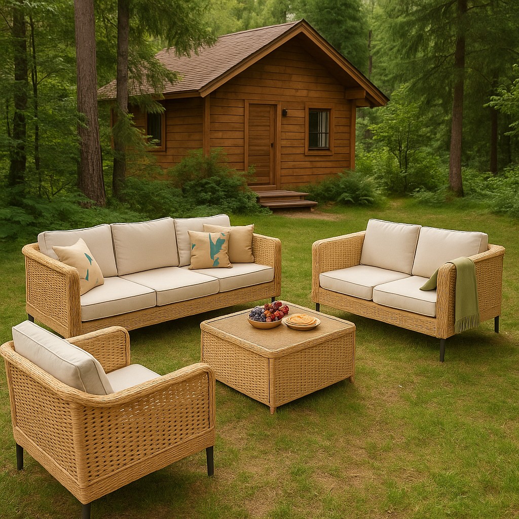 Modern Outdoor Light Yellow PE Rattan 4-Piece Sofa Set with Beige Cushions & Coffee Table
