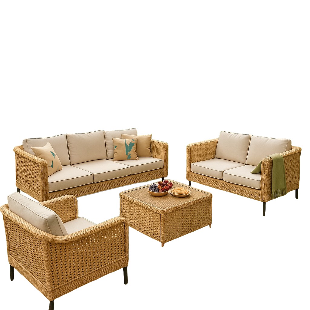 Modern Outdoor Light Yellow PE Rattan 4-Piece Sofa Set with Beige Cushions & Coffee Table