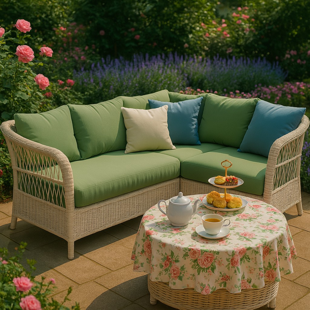 Outdoor Wicker Sectional Sofa Set with Green Cushions, L-Shaped Rattan Patio Couch