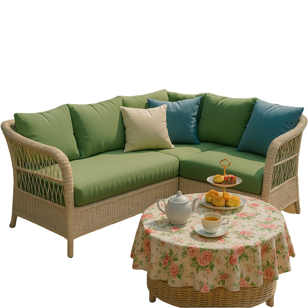 Outdoor Wicker Sectional Sofa Set with Green Cushions, L-Shaped Rattan Patio Couch