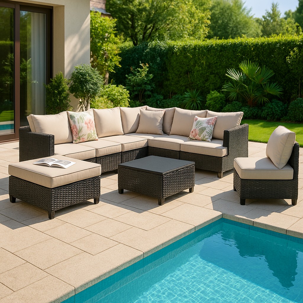 Outdoor PE Rattan Sectional Sofa Set, 7-Piece Patio Modular Lounge with Beige Cushions