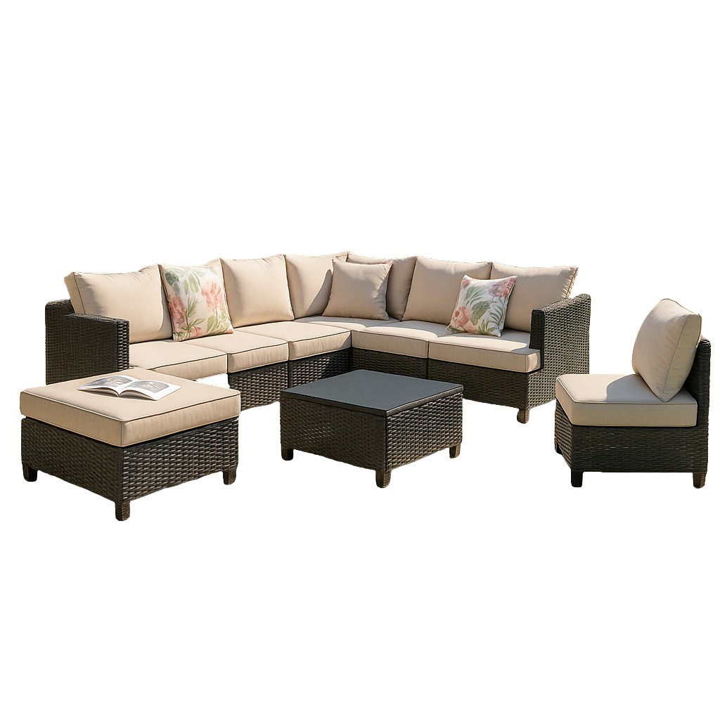 Outdoor PE Rattan Sectional Sofa Set, 7-Piece Patio Modular Lounge with Beige Cushions