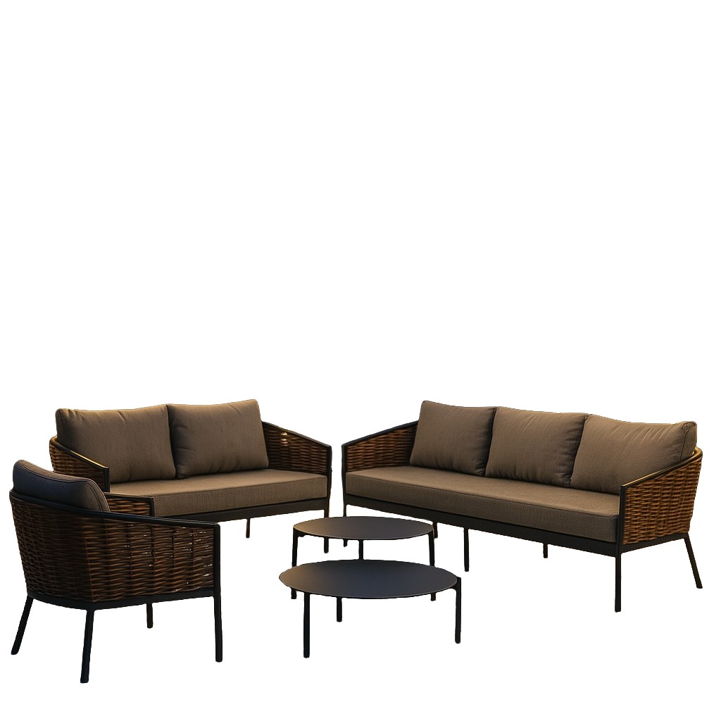 Modern Outdoor Wicker Sofa Set, 5-Piece Patio Conversation Set with Coffee Tables
