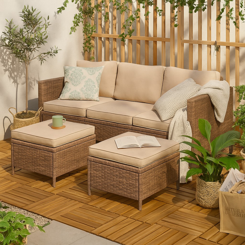 Modern Outdoor PE Rattan 3-Seat Sofa Set with Ottomans, Patio Wicker Couch with Beige Cushions