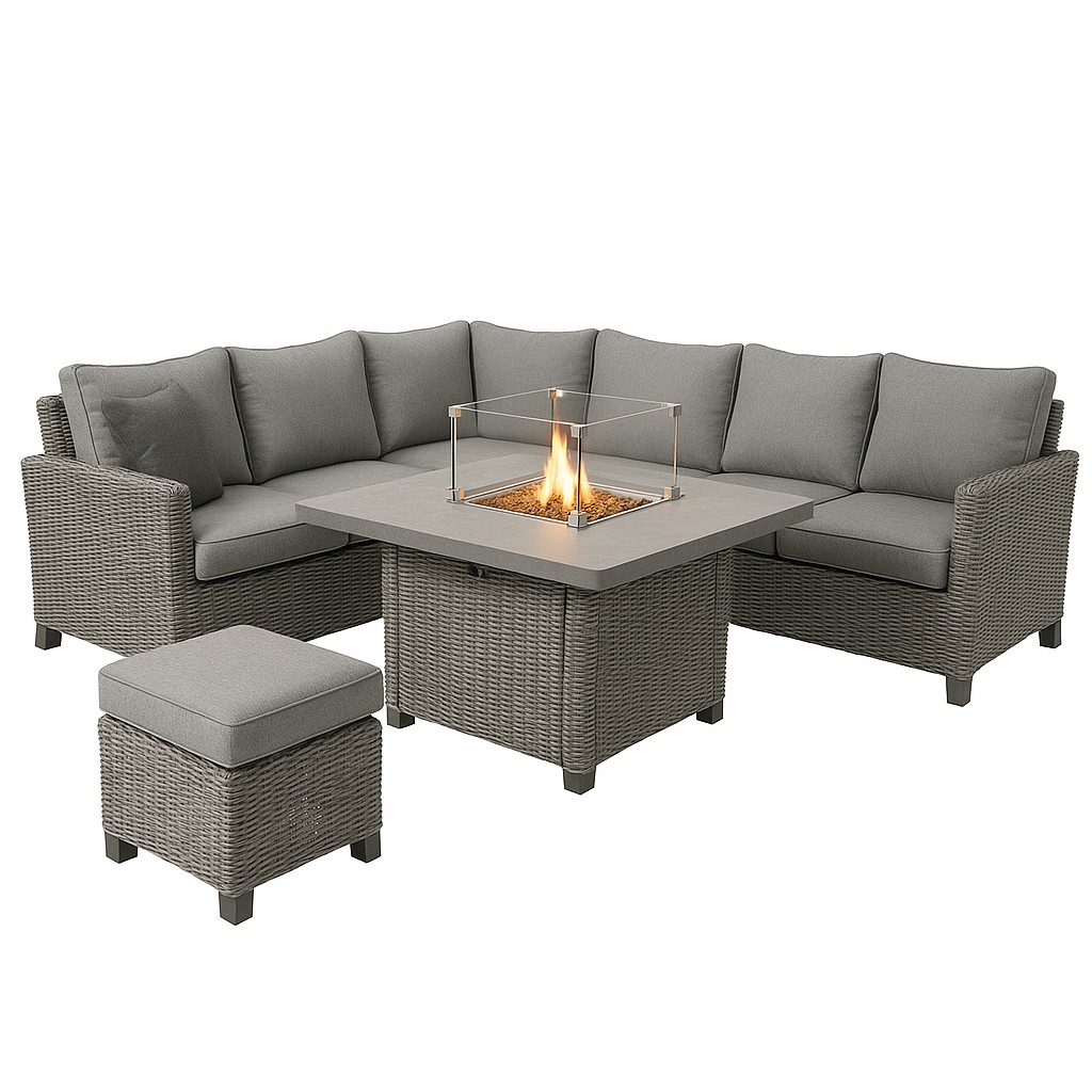 Outdoor Rattan Sofa Set with Cushions and Fire Pit Table, 6-Piece Sectional for Patio, Garden, or Balcony