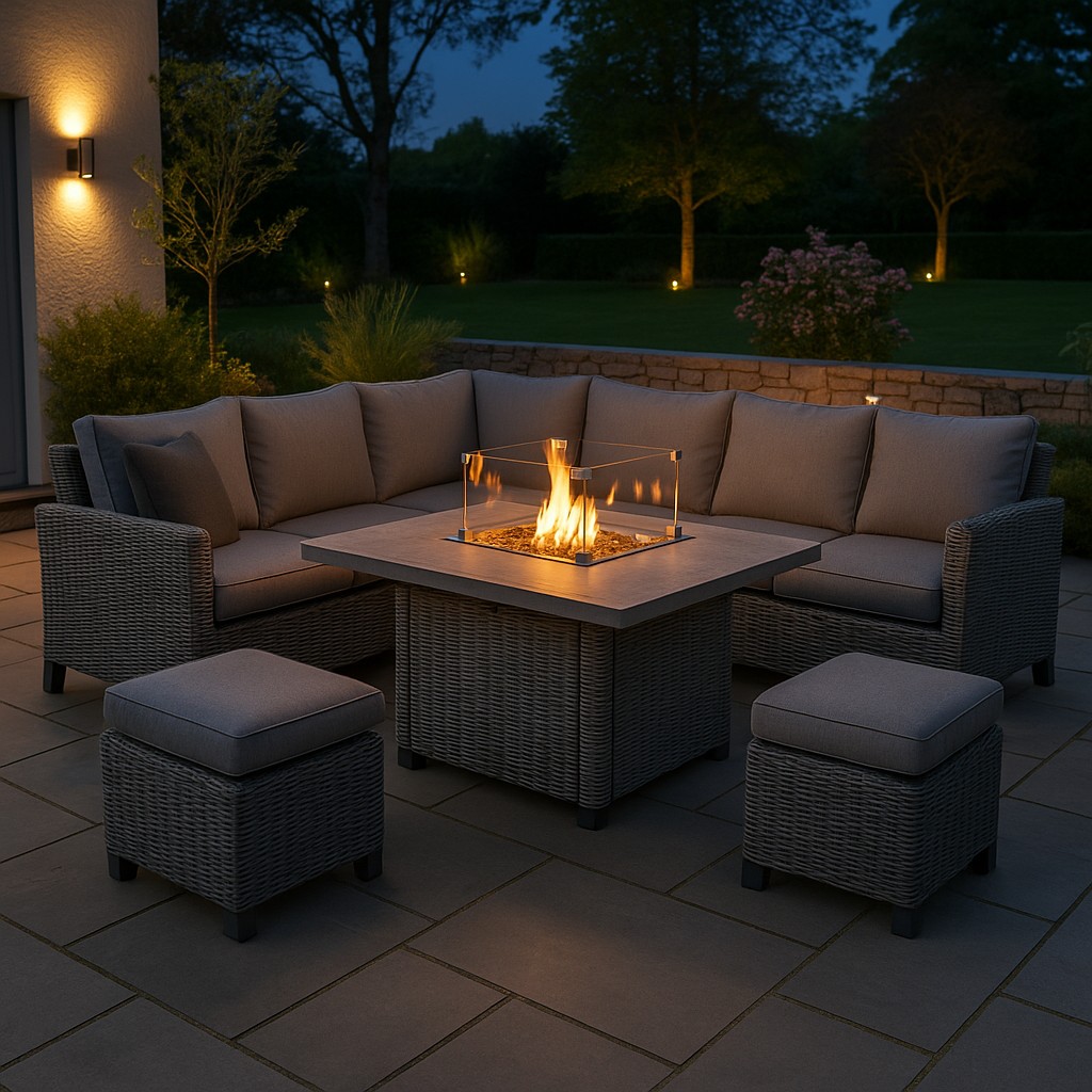 Outdoor Rattan Sofa Set with Cushions and Fire Pit Table, 6-Piece Sectional for Patio, Garden, or Balcony