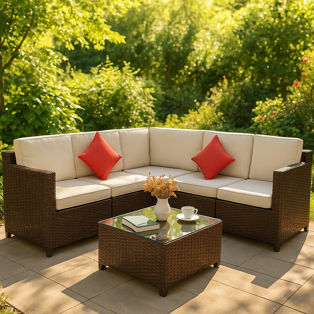 Modern Outdoor PE Rattan Sectional Sofa Set with Coffee Table, Beige Cushions & Red Pillows, All-weather Patio Furniture