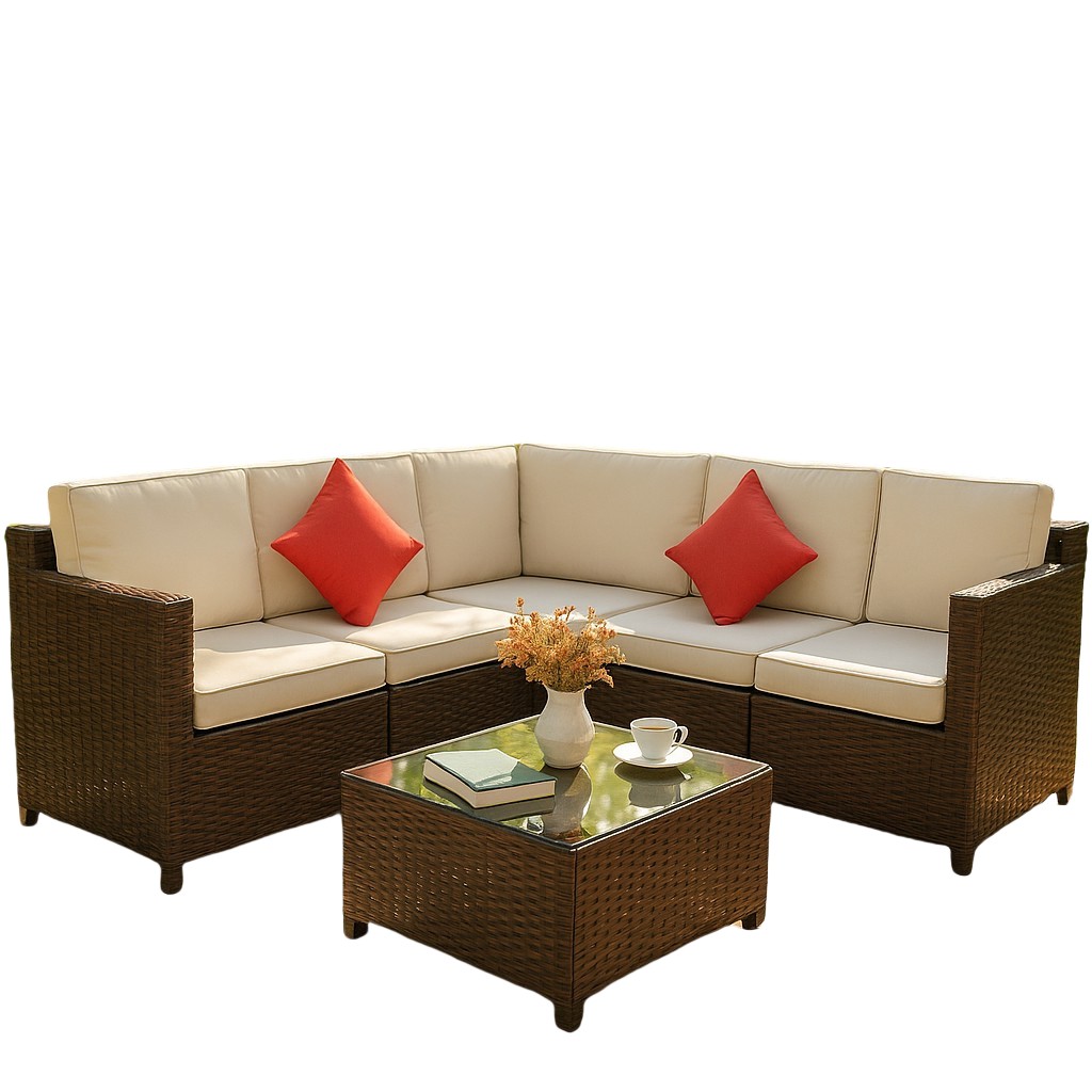 Modern Outdoor PE Rattan Sectional Sofa Set with Coffee Table, Beige Cushions & Red Pillows, All-weather Patio Furniture