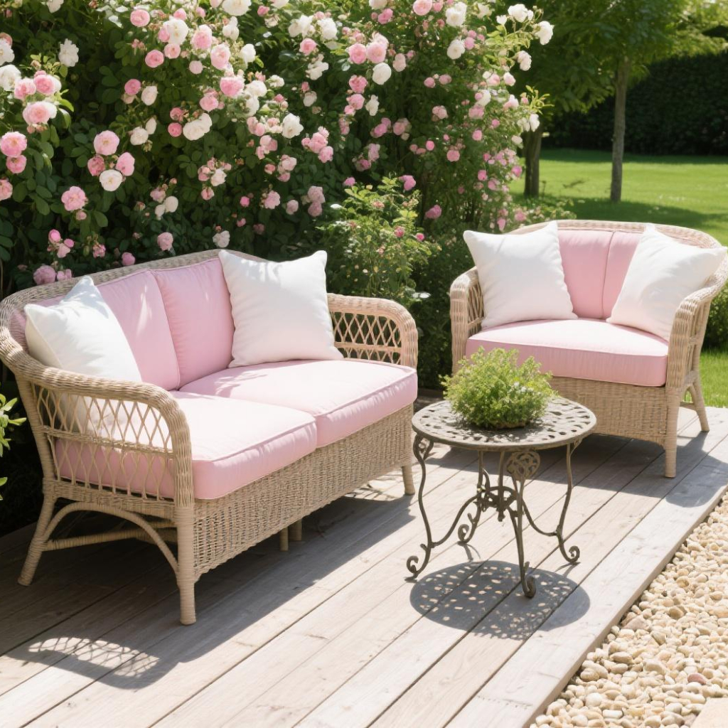 Outdoor Wicker Sofa Set – 3-Piece Patio Furniture with Pink Cushions and Vintage Iron Table