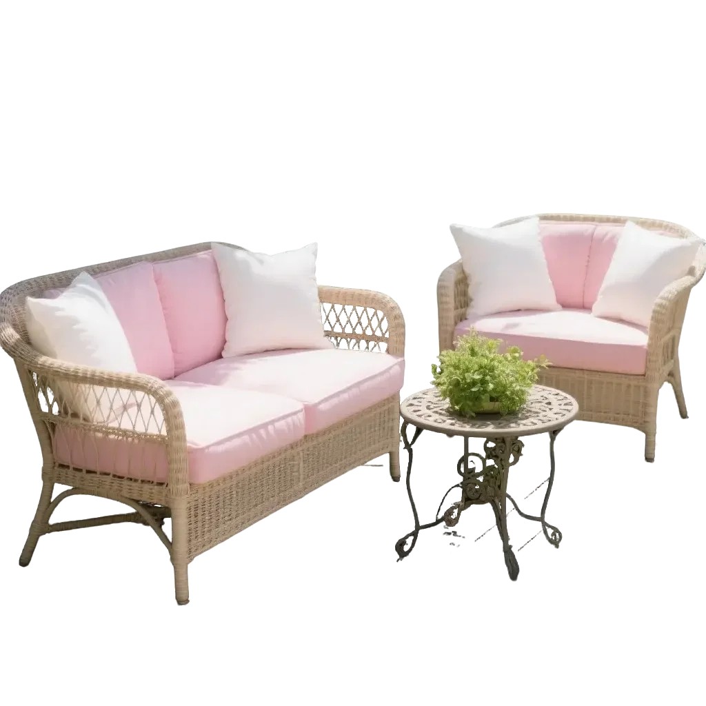 Outdoor Wicker Sofa Set – 3-Piece Patio Furniture with Pink Cushions and Vintage Iron Table