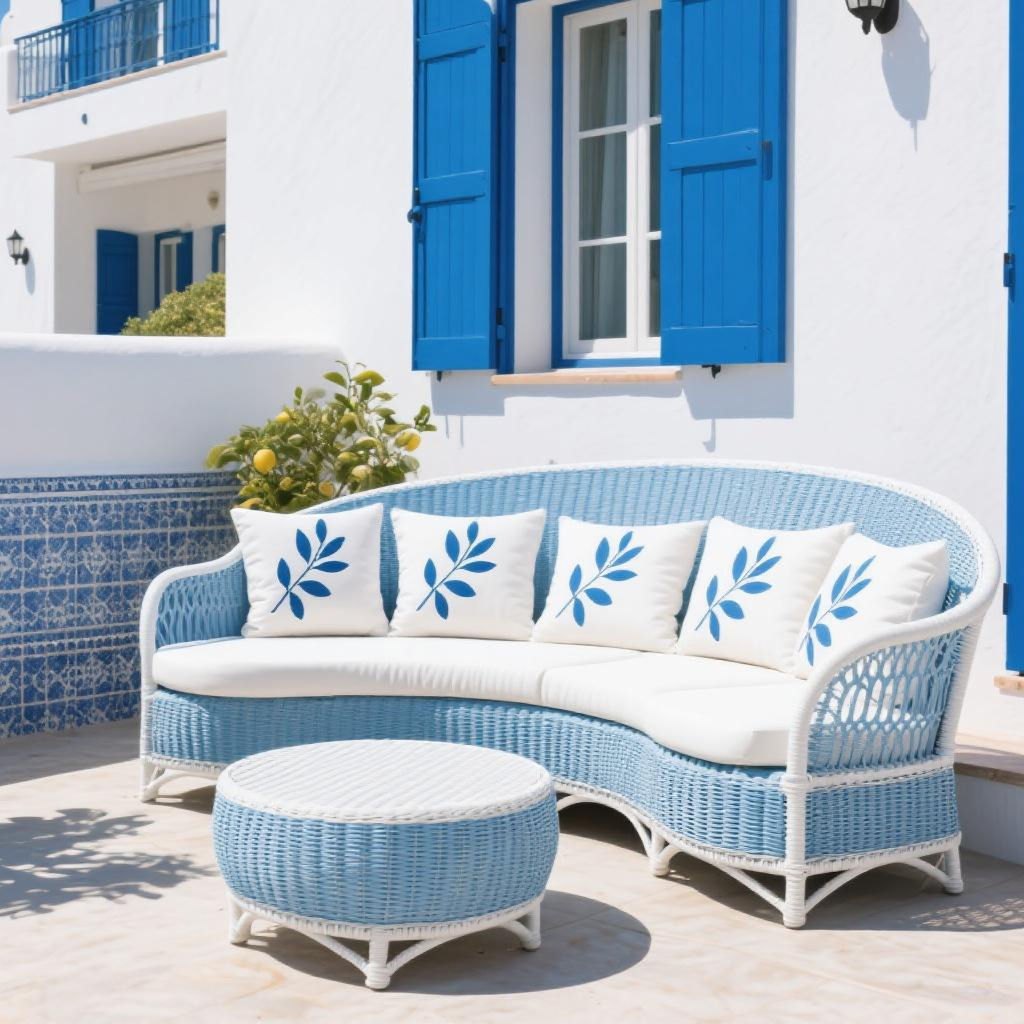 Outdoor PE Rattan Curved Sofa Set with Cushions and Coffee Table