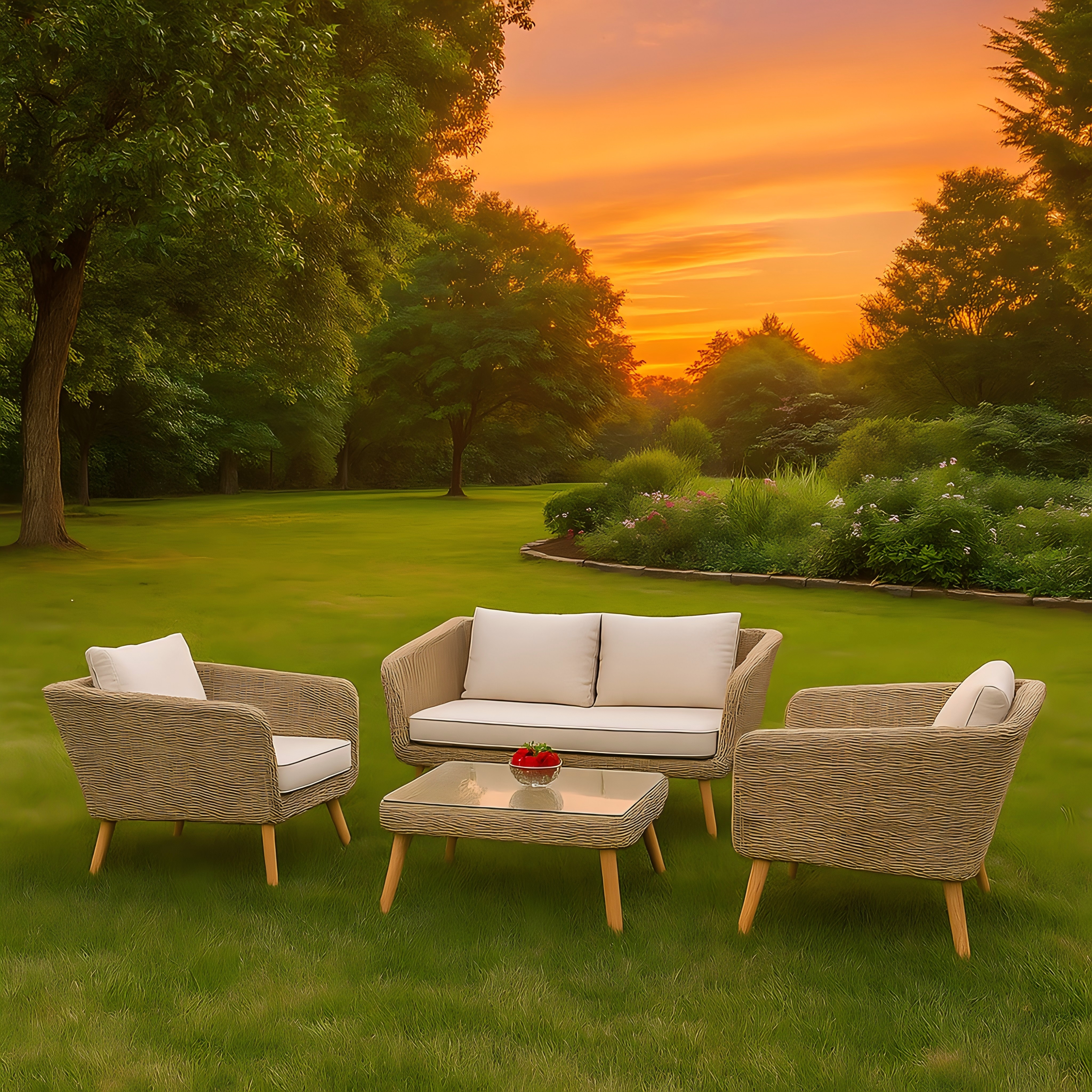 4-Piece Outdoor Rattan Sofa Set with Beige Cushions and Glass Table – Modern Patio Conversation Furniture