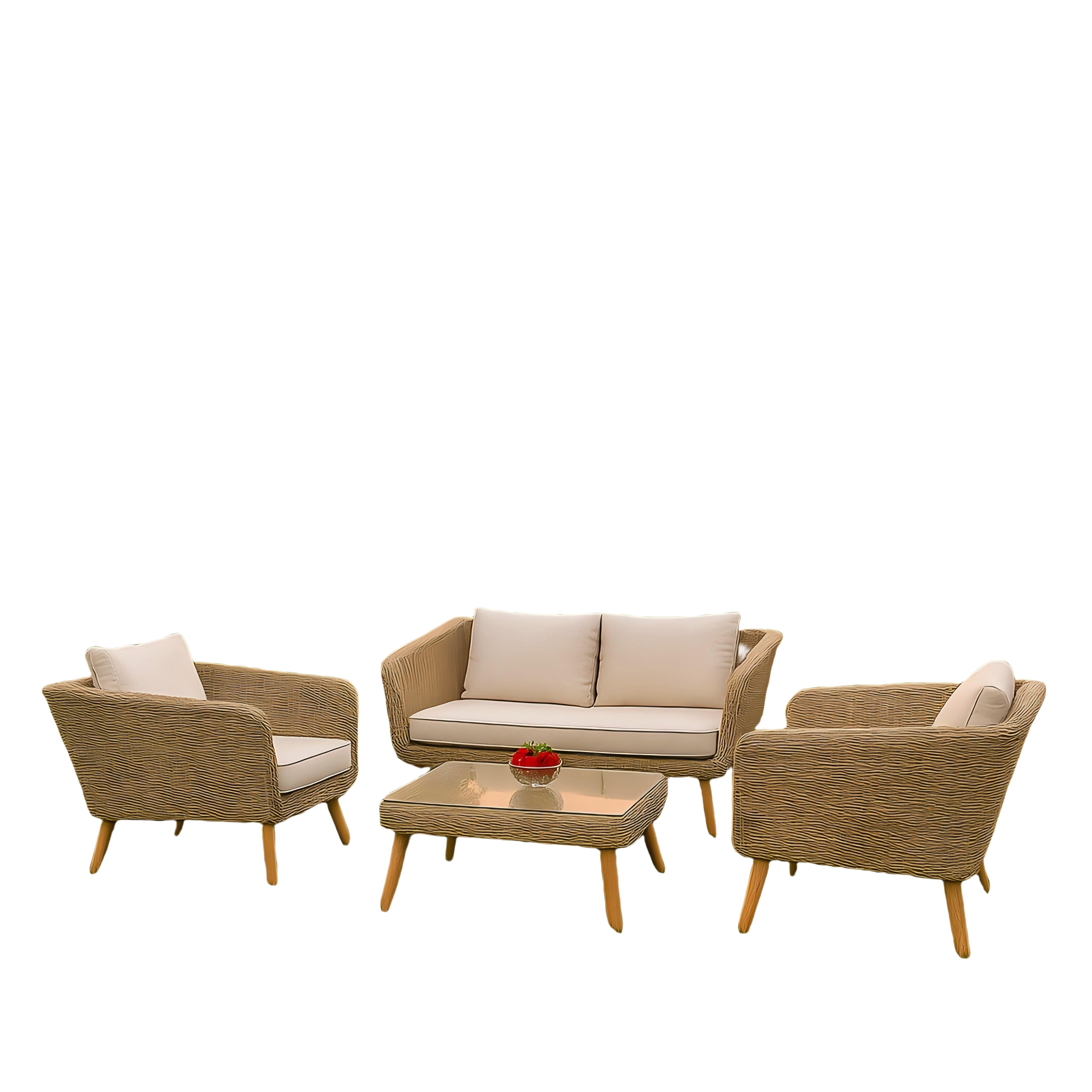 4-Piece Outdoor Rattan Sofa Set with Beige Cushions and Glass Table – Modern Patio Conversation Furniture