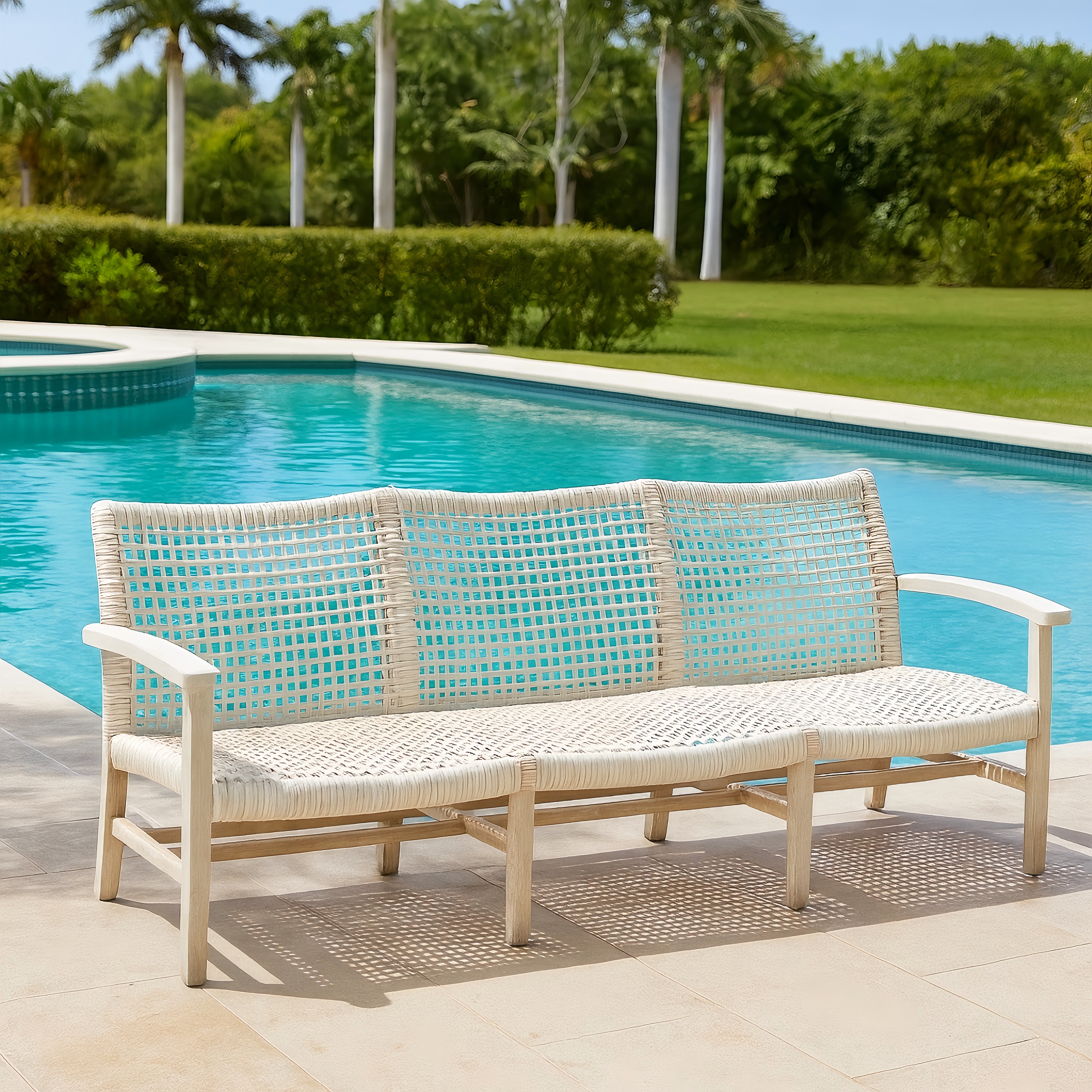 Modern 3-Seater Outdoor Rope Woven Sofa in White – Minimalist Patio Lounge Bench