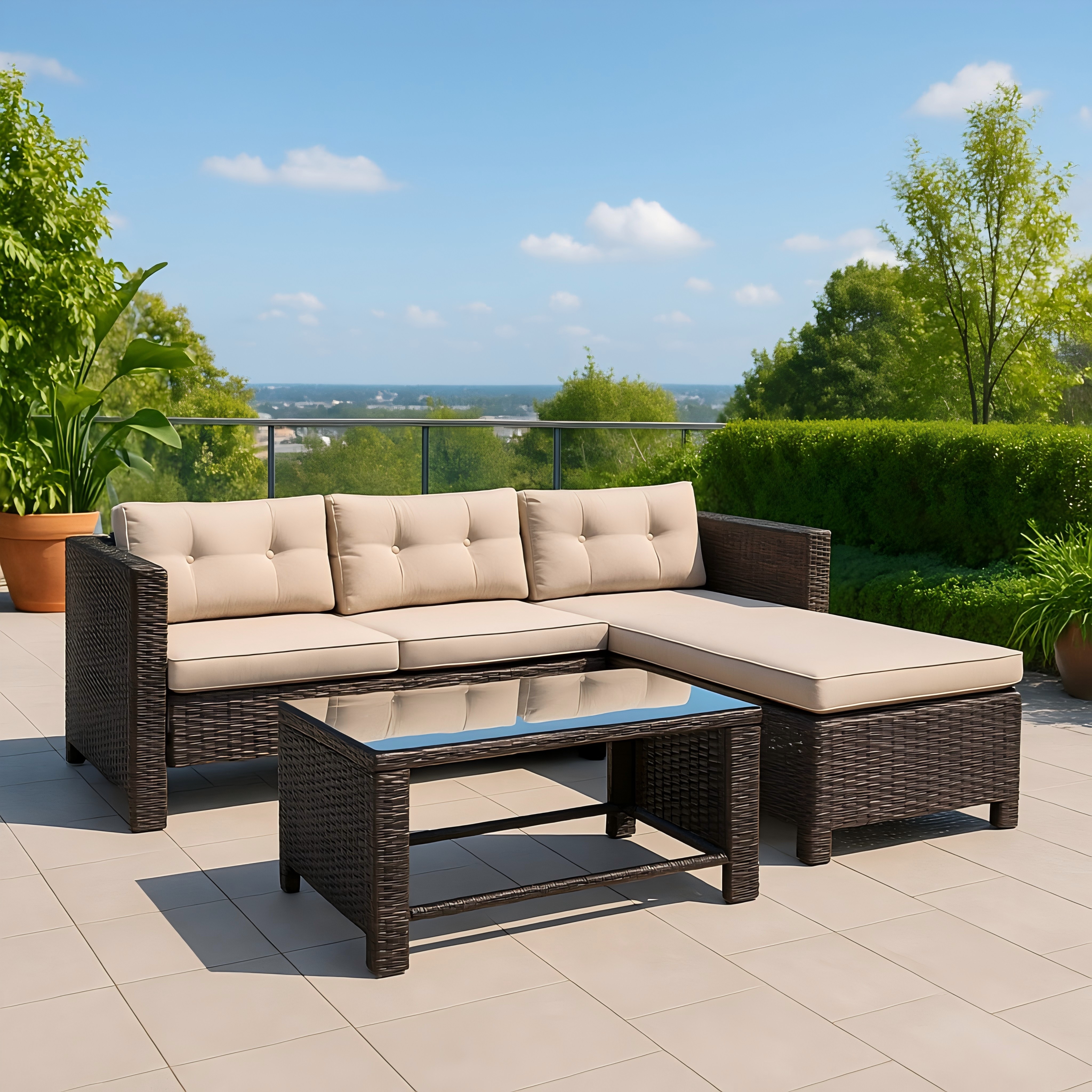 3-Piece Outdoor PE Rattan Sectional Sofa Set with Beige Cushions and Glass Coffee Table – L-Shaped Patio Lounge