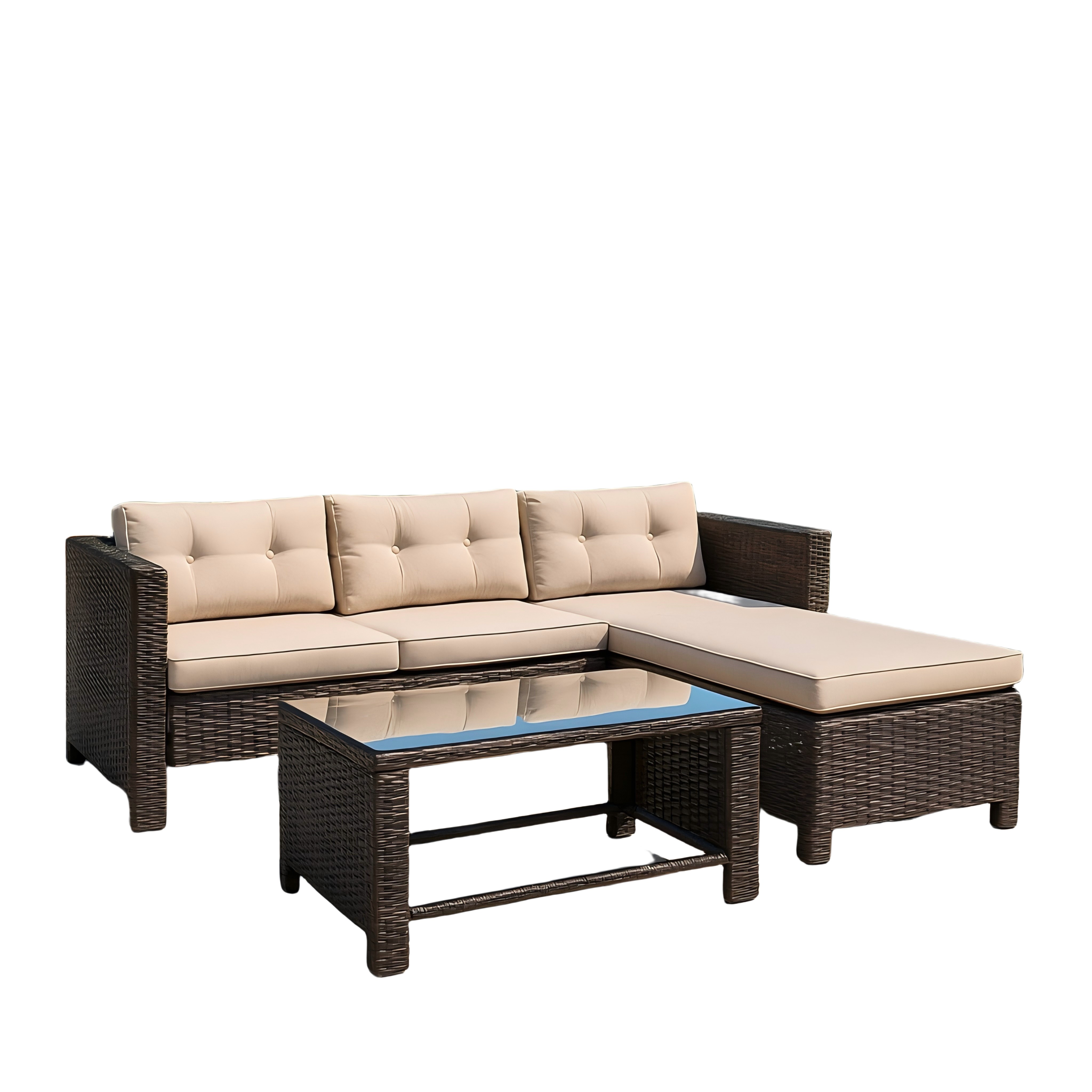 3-Piece Outdoor PE Rattan Sectional Sofa Set with Beige Cushions and Glass Coffee Table – L-Shaped Patio Lounge