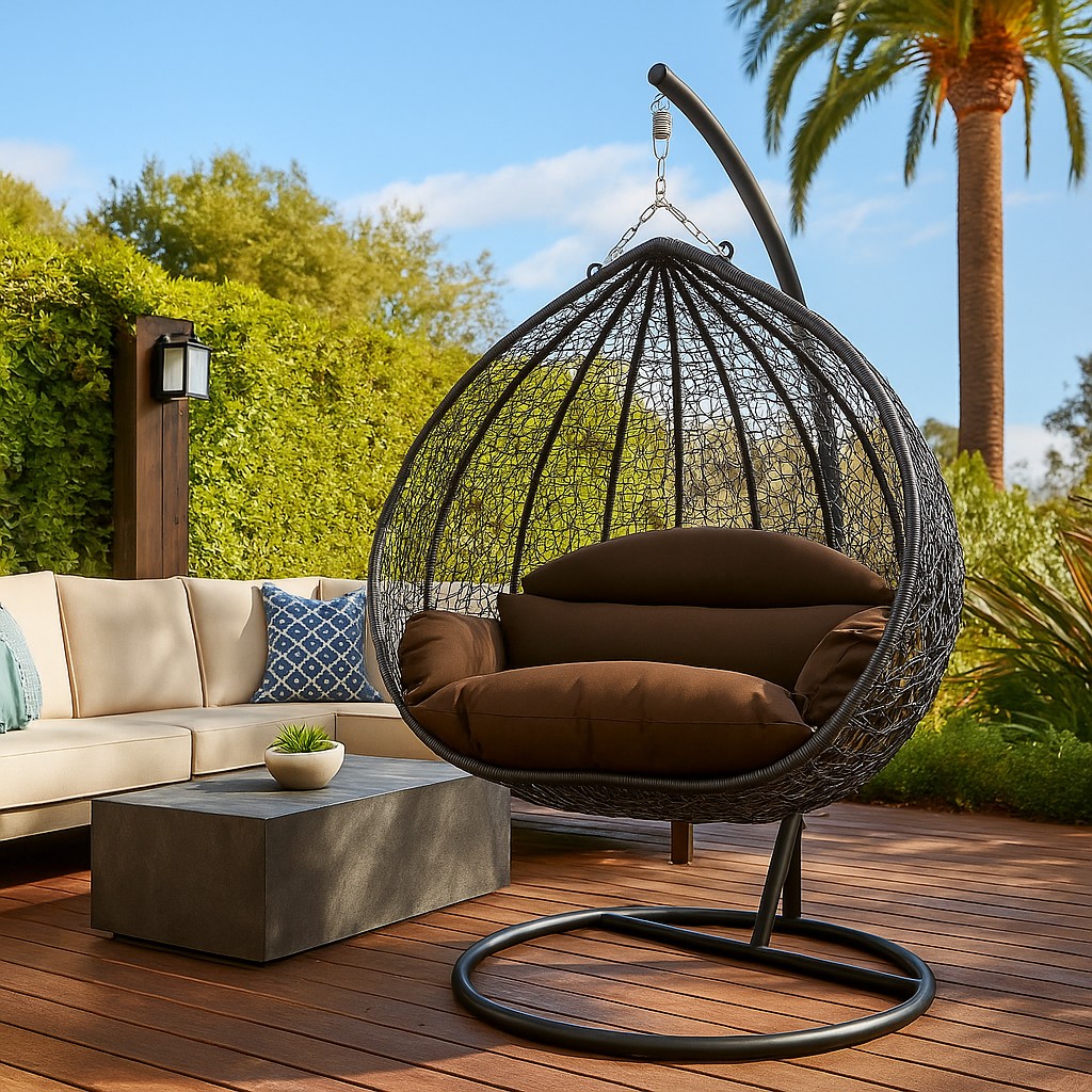 Outdoor Double Hanging Egg Chair with Stand, Wide Patio Swing Chair for 2 Persons – Weather Resistant Rattan, Steel Frame, Brown Cushion