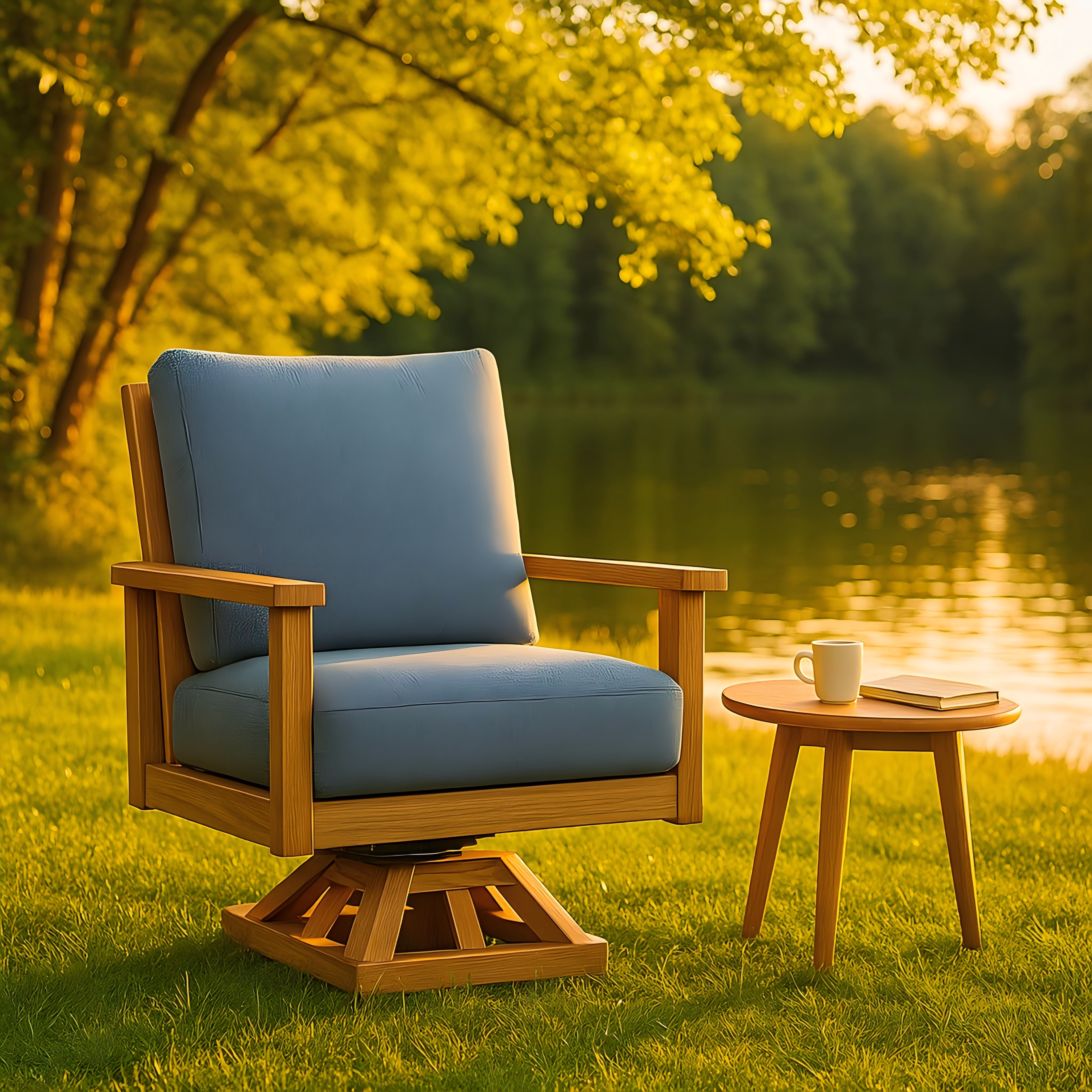 Modern Outdoor Wooden Swivel Chair with Blue Cushions