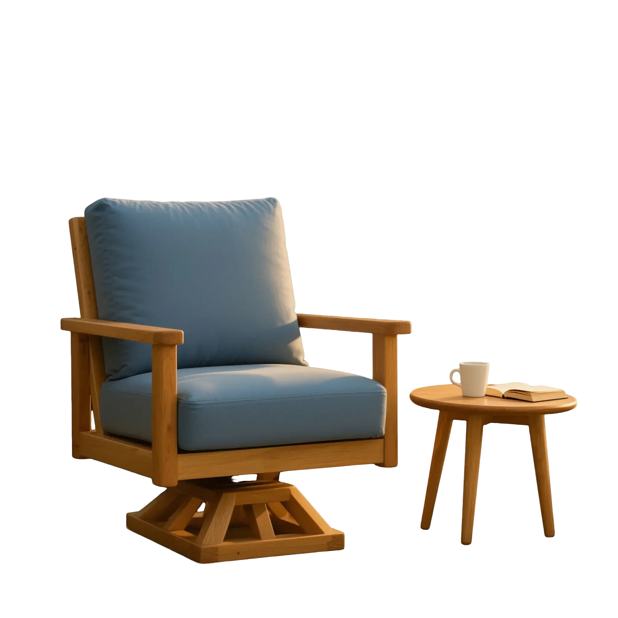 Modern Outdoor Wooden Swivel Chair with Blue Cushions