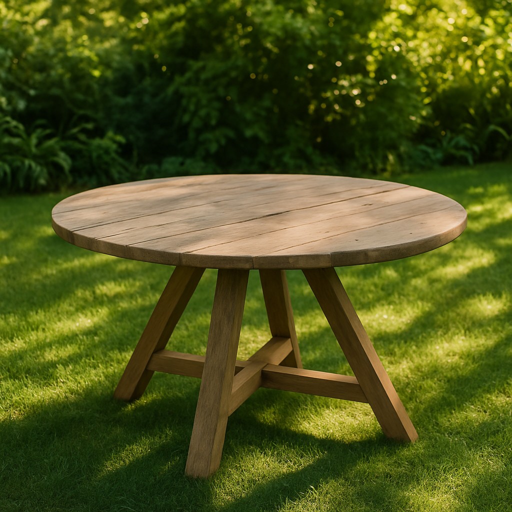 Rustic Teak Round Dining Table – Solid Wood Outdoor/Indoor Table with Triangle Legs