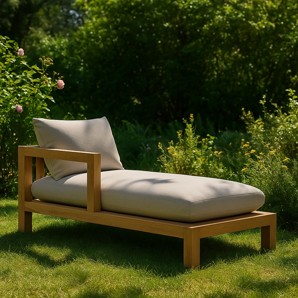 Modern Teak Outdoor Chaise Lounge with Armrest – Adjustable Patio Daybed with Cushion