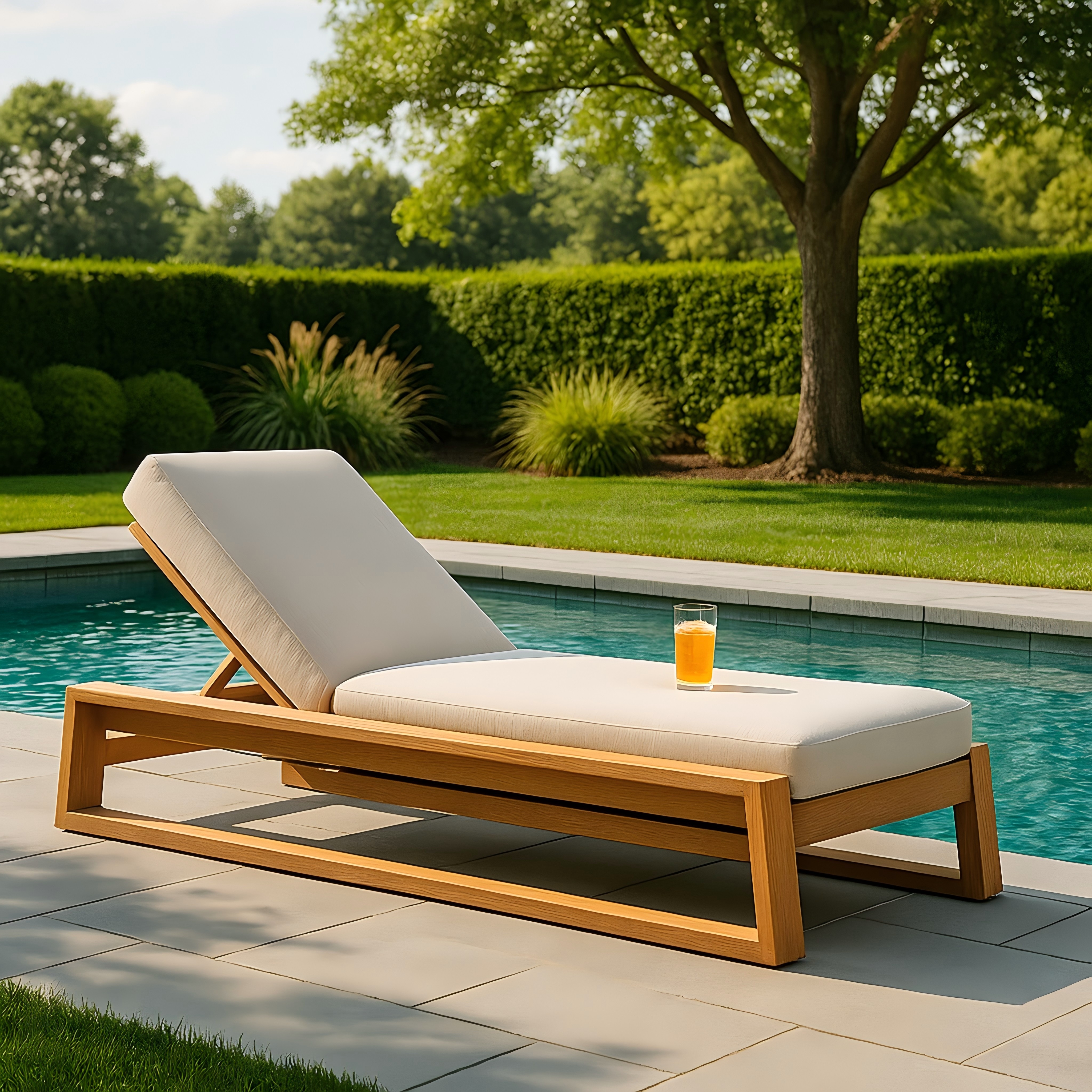 Modern Wooden Outdoor Chaise Lounge with Adjustable Backrest and Cushion