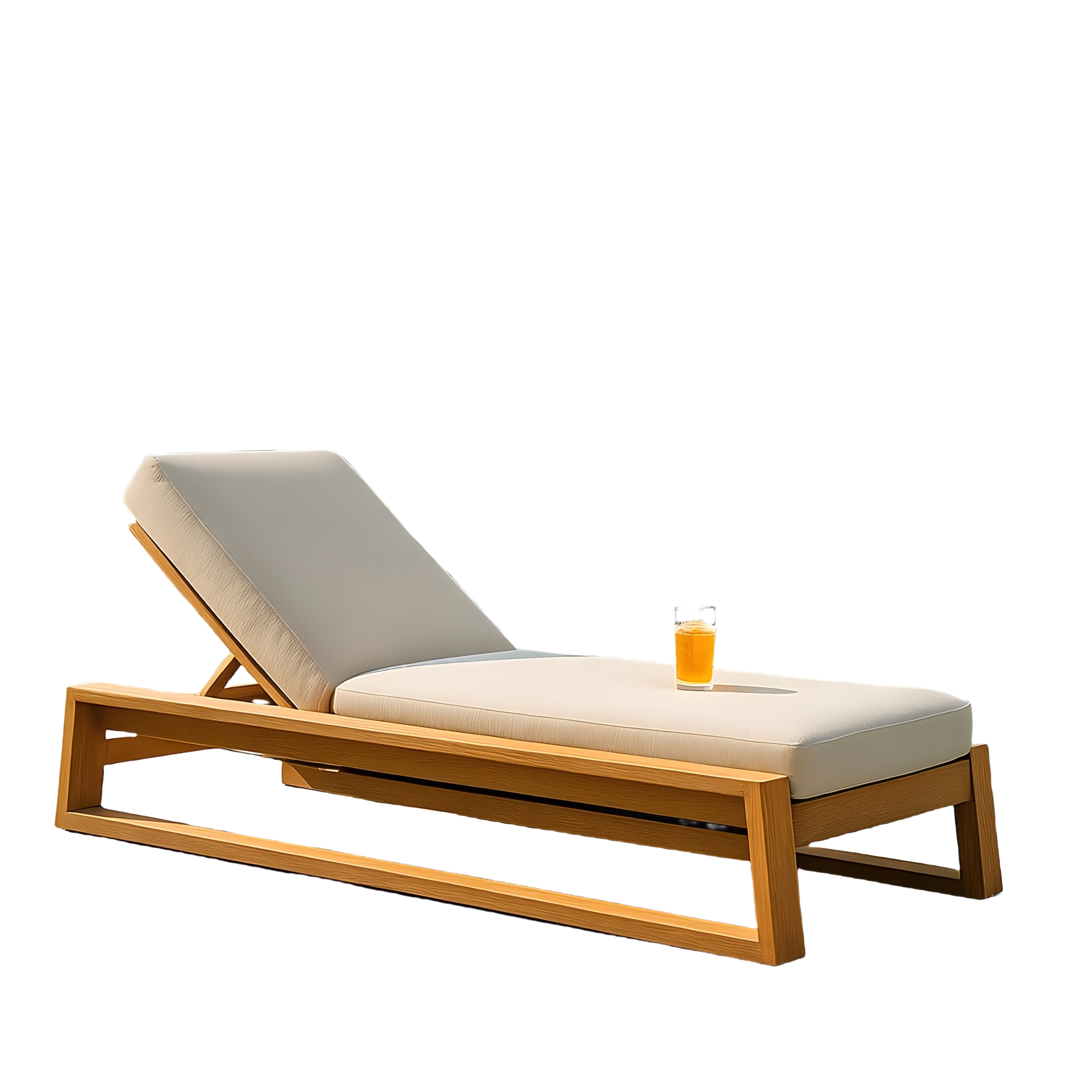 Modern Wooden Outdoor Chaise Lounge with Adjustable Backrest and Cushion