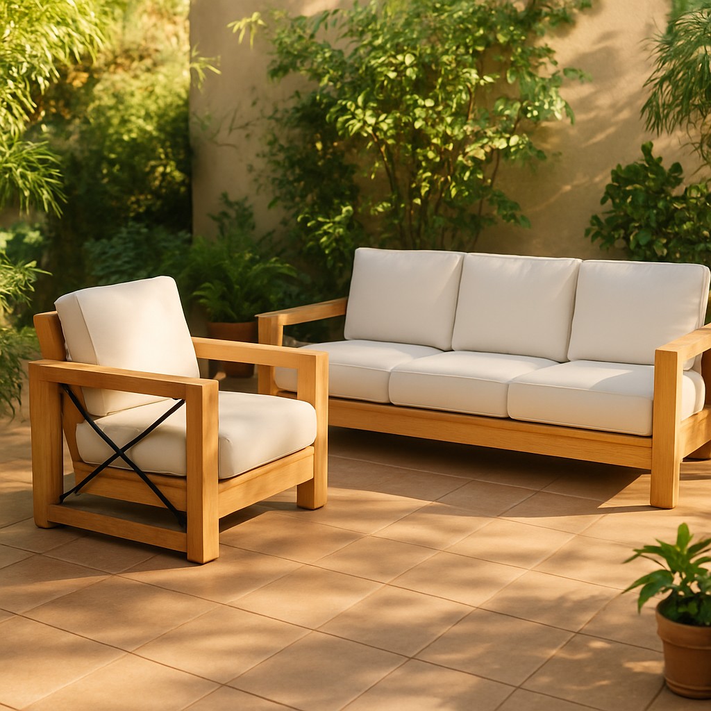 Modern Outdoor Teak Wood Sofa Set with Cushions – 4-Piece Patio Conversation Set