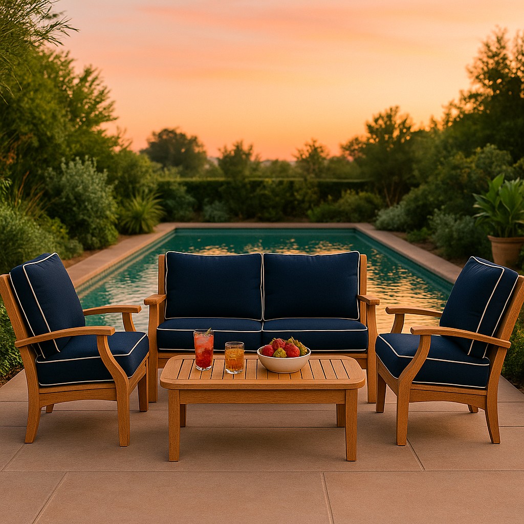 Teak Wood Outdoor Loveseat Set with Navy Cushions – 4-Piece Patio Seating Set