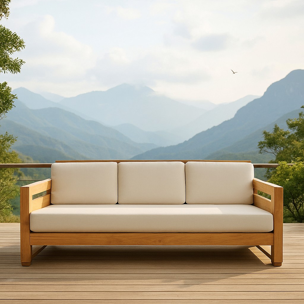 Modern Teak Outdoor Sofa – 3-Seater Patio Couch with Cream Cushions
