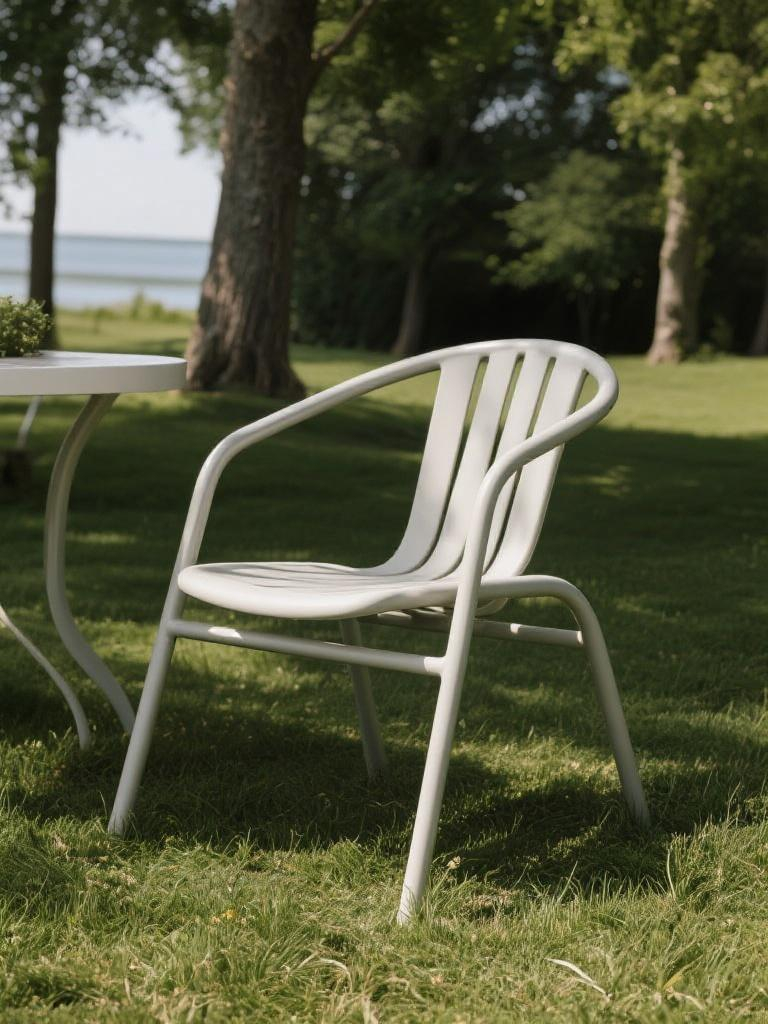 Lightweight aluminum outdoor chair placed on garden lawn, rust-resistant and durable