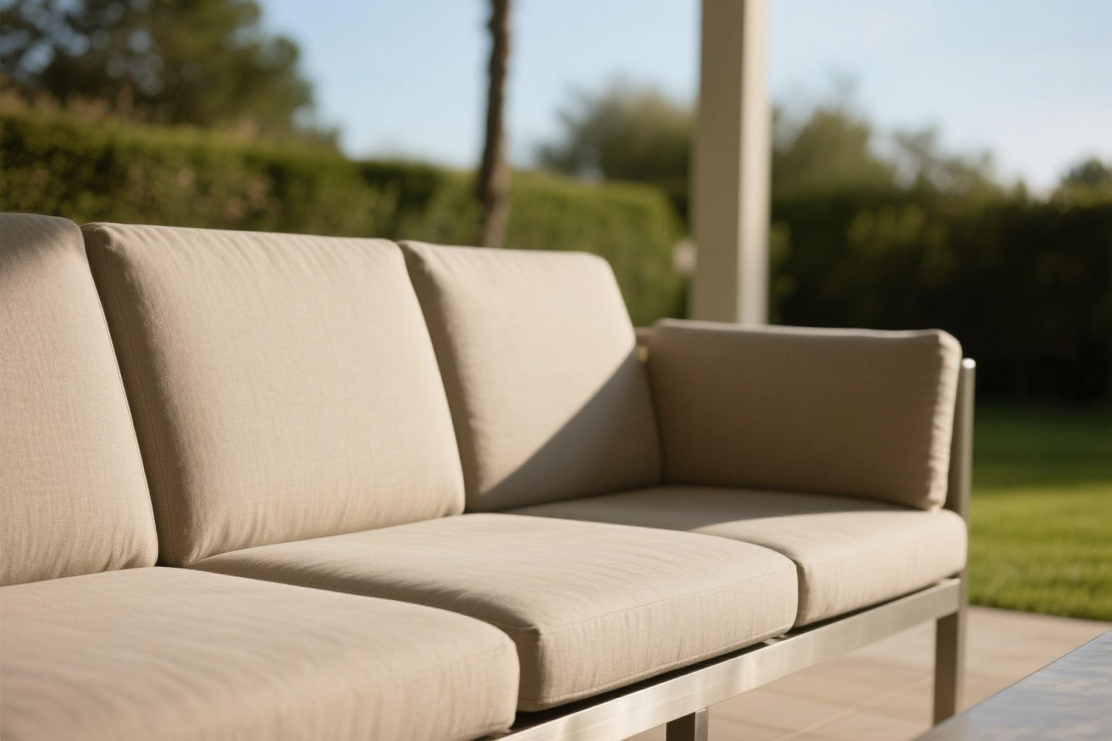 Aluminum outdoor sofa with beige cushions, powder-coated frame for durability in hospitality projects