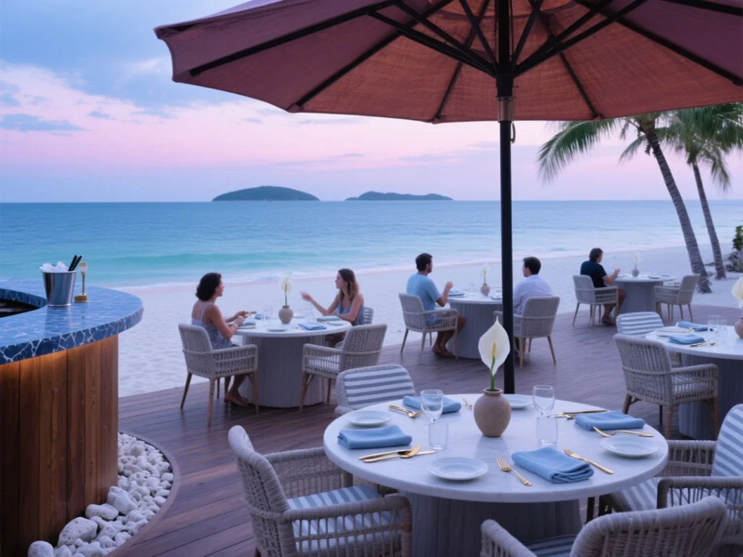 Beachfront resort dining area shaded with terracotta umbrellas