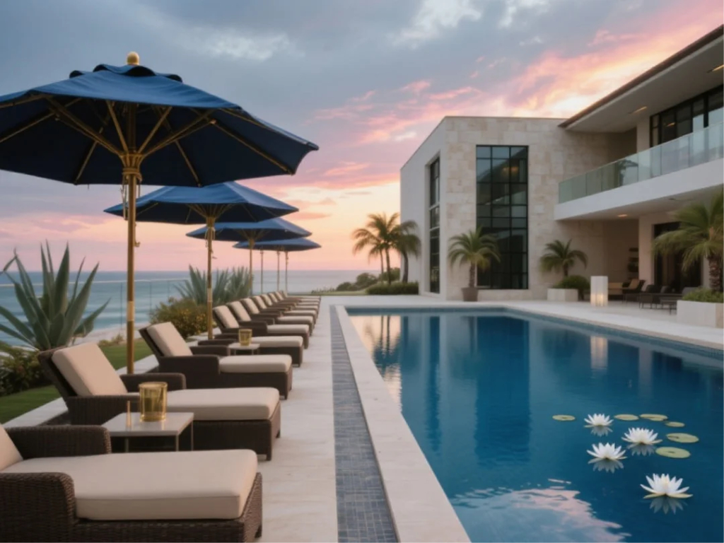 Luxury hotel swimming pool lined with navy umbrellas