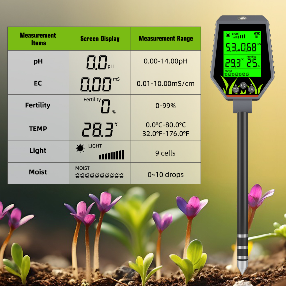 All-in-One Digital Soil Tester – pH, EC, Moisture, Temperature, Fertility & Light for Organic Farming