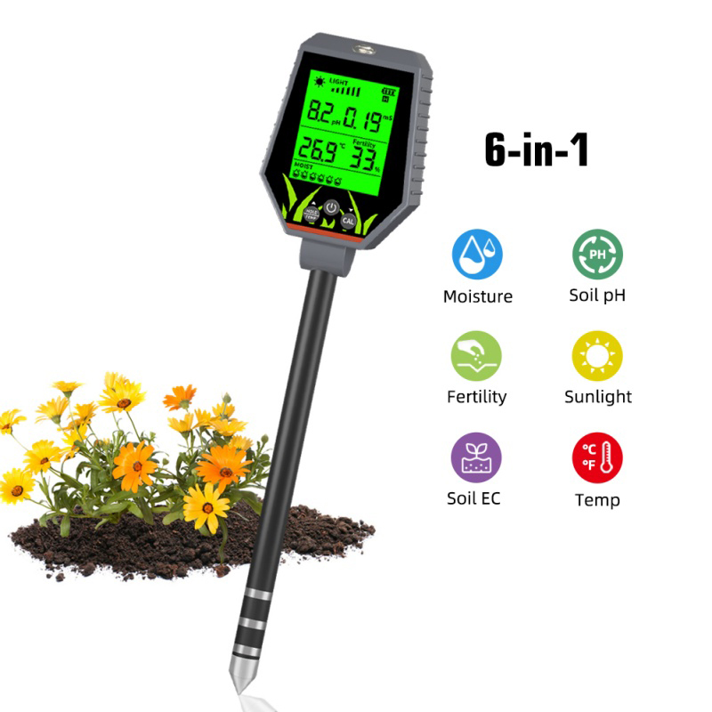Digital 6-in-1 Multifunction Soil pH and EC Tester for Organic Farming and Gardening