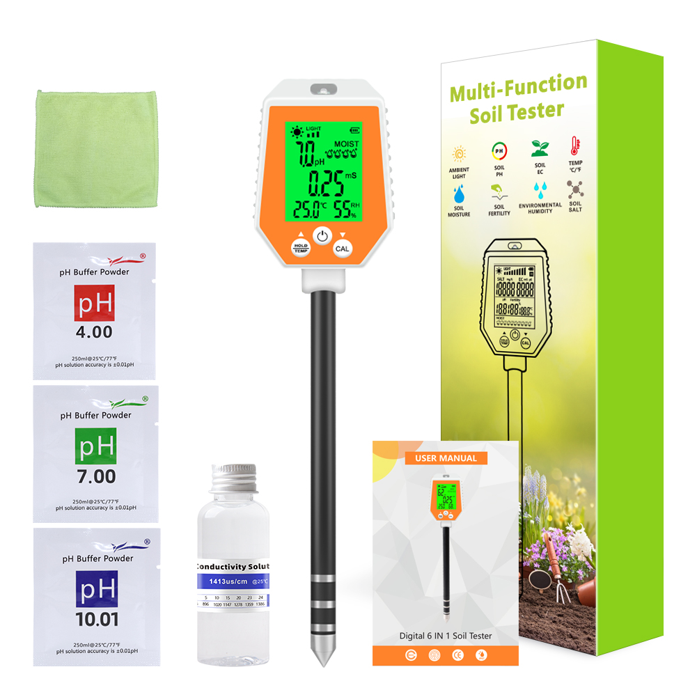 Professional Digital Soil Tester – 6-in-1 pH, EC, Moisture, Temperature, Light, Humidity Meter for Garden & Farm