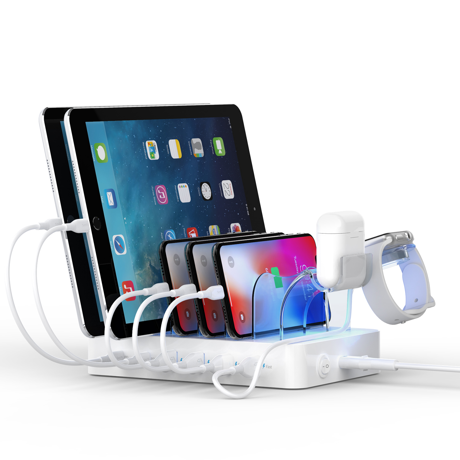 Soopii CS60 6-Port USB Charging Station with New Design Holder for Airpods & iWatch