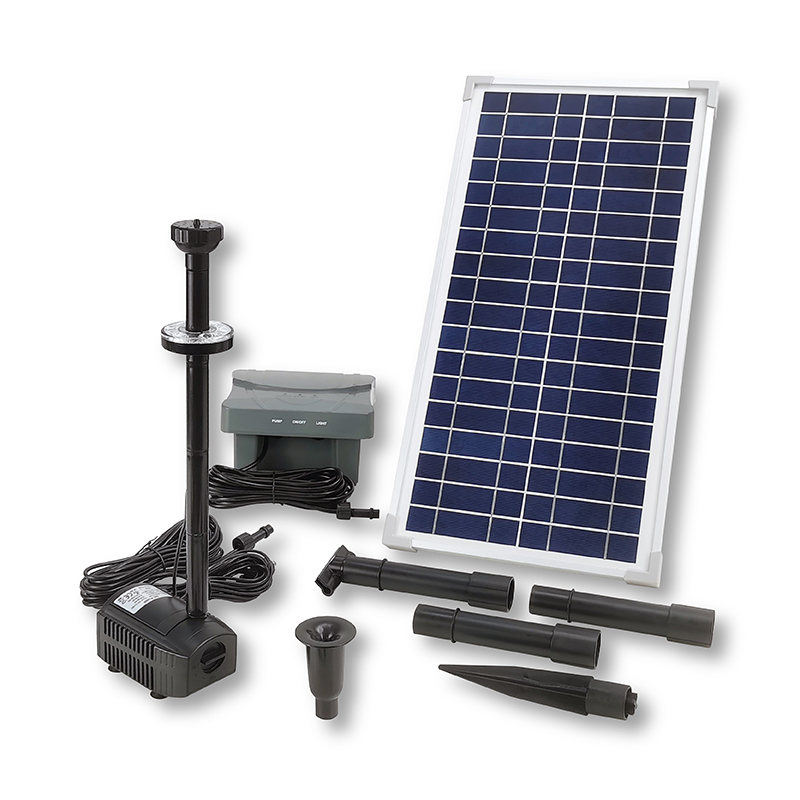 570LPH Flow 1.6M Head E-type Solar Dry Run Protected Battery Fountain Pump with Fountain LED_SPBL15-361212E