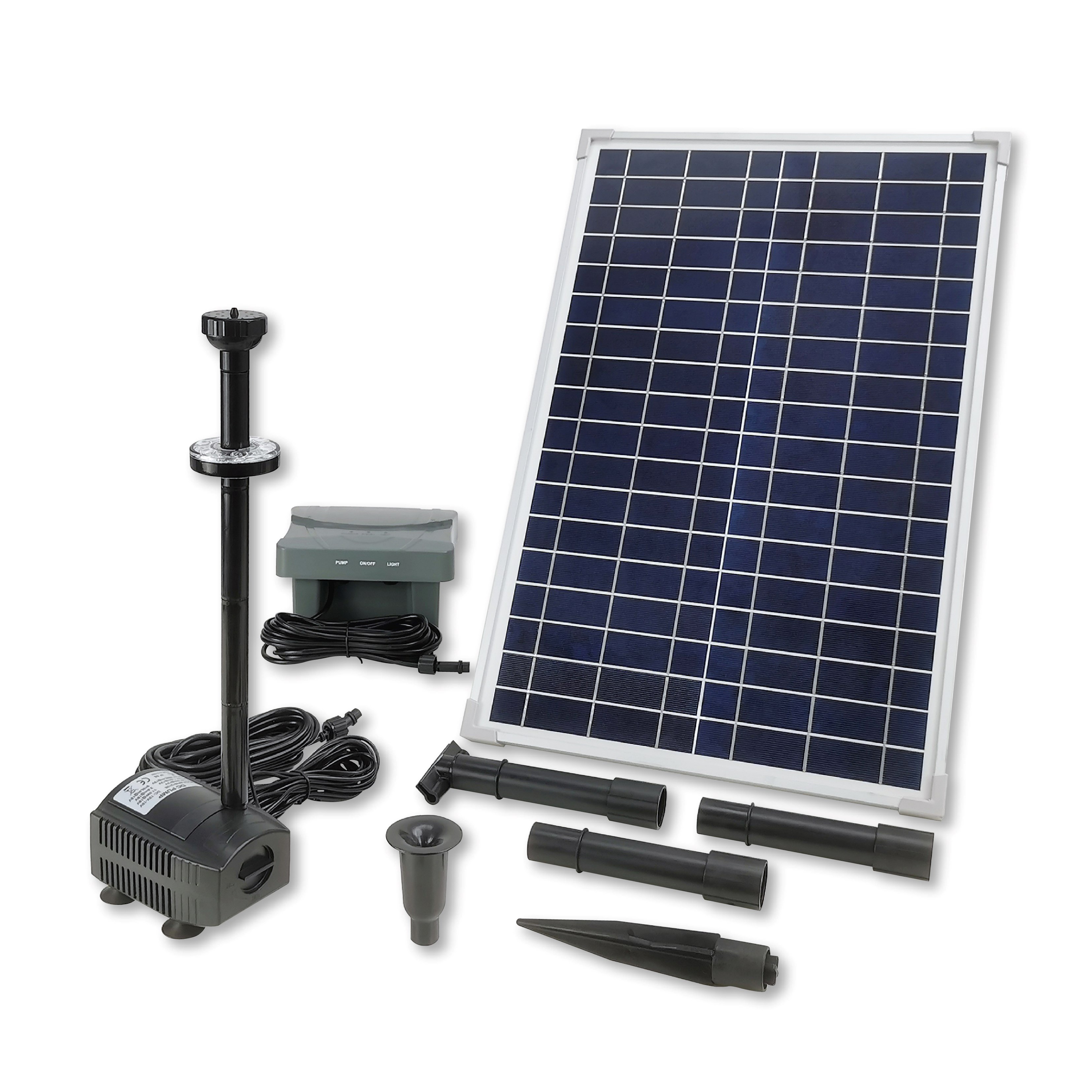 700LPH Flow 1.9M Head E-type Solar Dry Run Protected Battery Fountain Pump with Fountain LED_SPBL25-401215E
